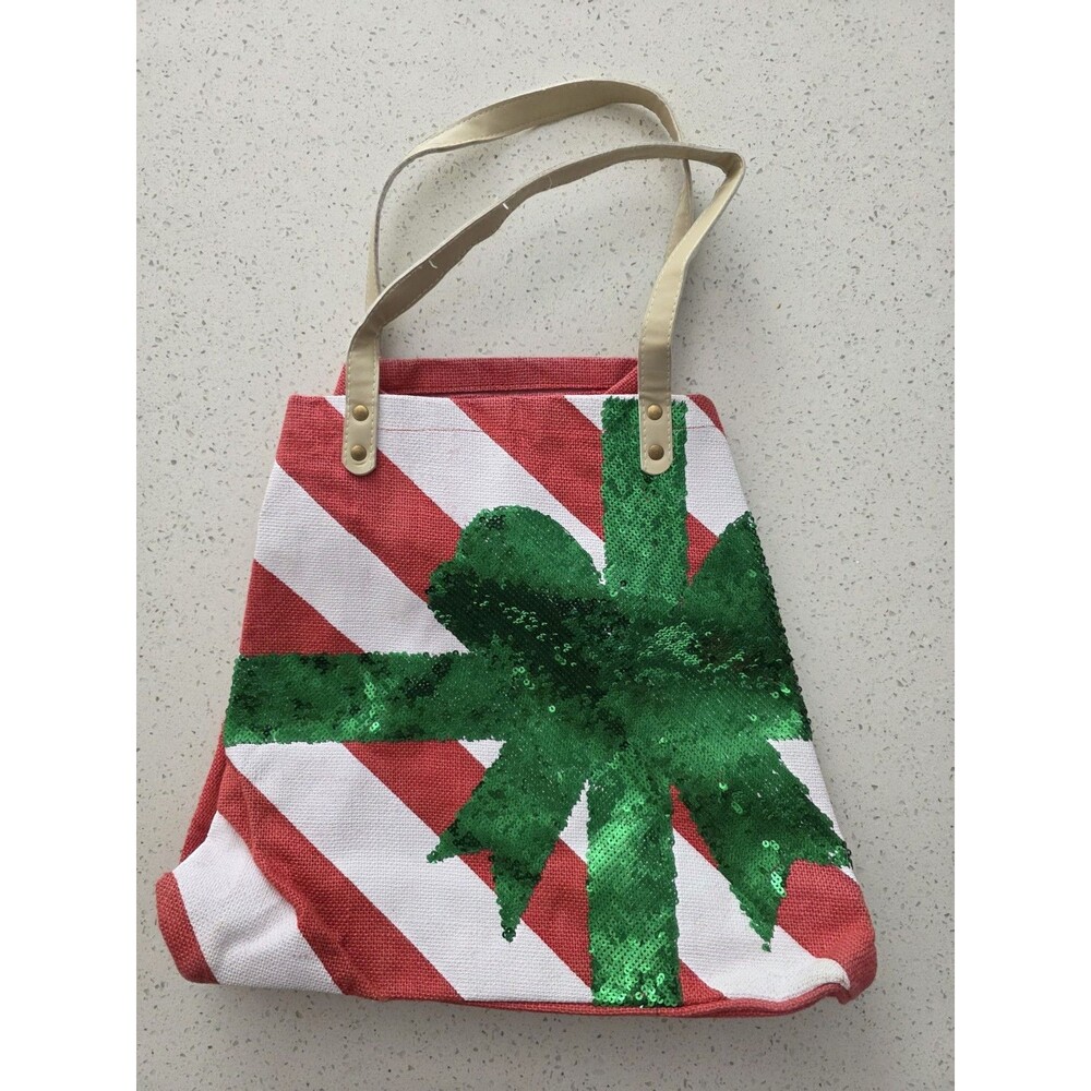 Mud Pie Holiday Jute Canvas Sparkle Tote Bag
